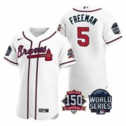 Wholesale Cheap Men Atlanta Braves 5 Freddie Freeman 2021 White World Series With 150th Anniversary Patch Stitched Baseball Jersey
