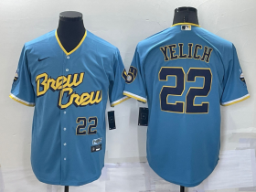Wholesale Cheap Men\'s Milwaukee Brewers #22 Christian Yelich Number Blue 2022 City Connect Cool Base Stitched Jersey