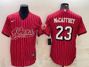 Wholesale Cheap Men's San Francisco 49ers #23 Christian McCaffrey Red Pinstripe Color Rush With Patch Cool Base Stitched Baseball Jersey