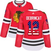 Wholesale Cheap Adidas Blackhawks #12 Alex DeBrincat Red Home Authentic USA Flag Women's Stitched NHL Jersey