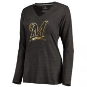Wholesale Cheap Women's Milwaukee Brewers Gold Collection Long Sleeve V-Neck Tri-Blend T-Shirt Black