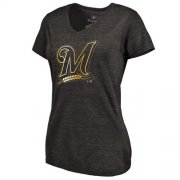 Wholesale Cheap Women's Milwaukee Brewers Fanatics Apparel Gold Collection V-Neck Tri-Blend T-Shirt Black