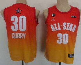 Wholesale Cheap Men\'s Golden State Warriors 30 Stephen Curry Orange 2022 All Star 6 Patch Icon Sponsor Swingman Jersey