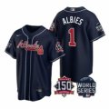 Wholesale Cheap Men Atlanta Braves 1 Ozzie Albies 2021 Navy World Series With 150th Anniversary Patch Cool Base Stitched Jersey
