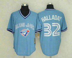 Wholesale Men\'s Toronto Blue Jays #32 Roy Halladay Light Blue Pullover Stitched MLB Throwback Jersey By Mitchell & Ness