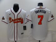 Wholesale Cheap Men's Atlanta Braves#7 Dansby Swanson 2022 White Gold World Series Champions Program Cool Base Stitched Baseball Jersey