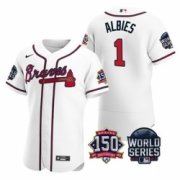 Wholesale Cheap Men Atlanta Braves 1 Ozzie Albies 2021 White World Series With 150th Anniversary Patch Stitched Baseball Jersey
