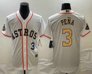 Wholesale Cheap Mens Houston Astros #3 Jeremy Pena 2023 White Gold World Serise Champions Patch Cool Base Stitched Jersey