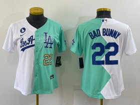 Wholesale Women\'s Los Angeles Dodgers #22 Bad Bunny White Green Two Tone 2022 Celebrity Softball Game Cool Base Jersey