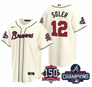Wholesale Cheap Men's Cream Atlanta Braves #12 Jorge Soler 2021 World Series Champions With 150th Anniversary Patch Cool Base Stitched Jersey