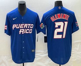 Wholesale Cheap Men\'s Puerto Rico Baseball #21 Roberto Clemente 2023 Blue World Classic Stitched Jerseys
