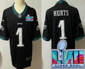 Wholesale Cheap Youth Philadelphia Eagles #1 Jalen Hurts Limited Black Super Bowl LVII Vapor Jersey