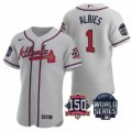 Wholesale Cheap Men Atlanta Braves 1 Ozzie Albies 2021 Grey World Series With 150th Anniversary Patch Stitched Baseball Jersey