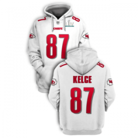 Wholesale Cheap Men\'s White Kansas City Chiefs #87 Travis Kelce 2021 Super Bowl LIV Pullover Hoodie