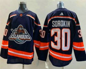 Wholesale Cheap Men\'s New York Islanders #30 Ilya Sorokin Navy 2022 Reverse Retro Stitched Jersey