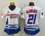 Wholesale Cheap Women's Puerto Rico Baseball #21 Roberto Clemente 2023 White World Classic Stitched Jerseys