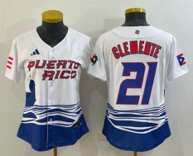 Wholesale Cheap Women\'s Puerto Rico Baseball #21 Roberto Clemente 2023 White World Classic Stitched Jerseys