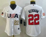 Wholesale Cheap Womens USA Baseball #22 Clayton Kershaw Number 2023 White World Classic Stitched Jersey