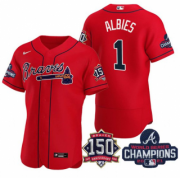 Wholesale Cheap Men's Red Atlanta Braves #1 Ozzie Albies 2021 World Series Champions With 150th Anniversary Flex Base Stitched Jersey