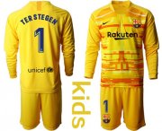 Wholesale Cheap Barcelona #1 Ter Stegen Yellow Goalkeeper Long Sleeves Kid Soccer Club Jersey