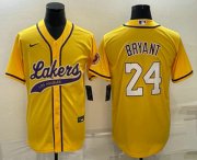 Wholesale Cheap Men's Los Angeles Lakers #24 Kobe Bryant Yellow With Patch Cool Base Stitched Baseball Jersey