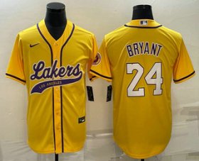 Wholesale Cheap Men\'s Los Angeles Lakers #24 Kobe Bryant Yellow With Patch Cool Base Stitched Baseball Jersey