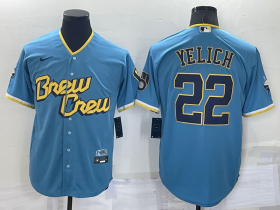Wholesale Cheap Men\'s Milwaukee Brewers #22 Christian Yelich Blue 2022 City Connect Cool Base Stitched Jersey