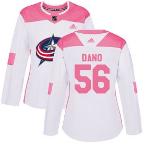 Wholesale Cheap Adidas Blue Jackets #56 Marko Dano White/Pink Authentic Fashion Women\'s Stitched NHL Jersey