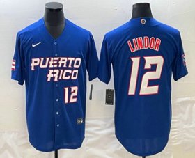 Wholesale Cheap Men\'s Puerto Rico Baseball #12 Francisco Lindor Number 2023 Royal World Classic Stitched Jersey