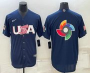 Wholesale Cheap Men's USA Baseball Blank 2023 Navy World Baseball Big Logo Classic Stitched Jerseys