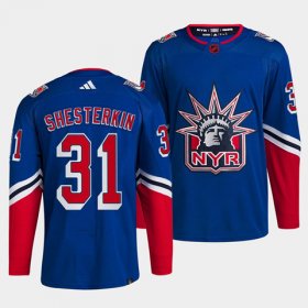 Wholesale Cheap Men\'s New York Rangers #31 Igor Shesterkin Blue 2022 Reverse Retro Stitched Jersey