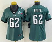 Wholesale Cheap Women's Philadelphia Eagles #62 Jason Kelce Limited Green Super Bowl LVII Vapor Jersey