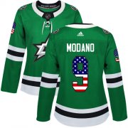 Wholesale Cheap Adidas Stars #9 Mike Modano Green Home Authentic USA Flag Women's Stitched NHL Jersey