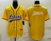 Wholesale Cheap Men's Los Angeles Lakers Yellow Big Logo Cool Base Stitched Baseball Jersey