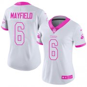 Wholesale Cheap Nike Browns #6 Baker Mayfield White/Pink Women's Stitched NFL Limited Rush Fashion Jersey