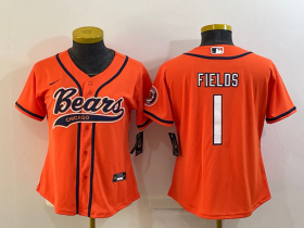 Wholesale Cheap Women\'s Chicago Bears #1 Justin Fields Orange With Patch Cool Base Stitched Baseball Jersey