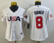 Wholesale Cheap Women's USA Baseball #8 Trea Turner 2023 White World Classic Stitched Jerseys