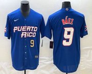Wholesale Cheap Men's Puerto Rico Baseball #9 Javier Baez Number 2023 Blue World Baseball Classic Stitched Jersey