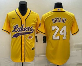 Wholesale Cheap Men\'s Los Angeles Lakers #24 Kobe Bryant Yellow With Patch Cool Base Stitched Baseball Jerseys