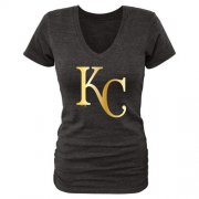 Wholesale Cheap Women's Kansas City Royals Gold Collection Tri-Blend V-Neck T-Shirt Black