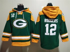 Wholesale Men\'s Green Bay Packers #12 Aaron Rodgers Green Lace-Up Pullover Hoodie