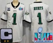 Wholesale Cheap Youth Philadelphia Eagles #1 Jalen Hurts Limited White C Patch Super Bowl LVII Vapor Jersey