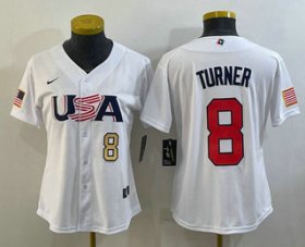 Wholesale Cheap Women\'s USA Baseball #8 Trea Turner Number 2023 White World Classic Stitched Jersey
