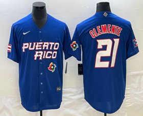 Wholesale Cheap Men\'s Puerto Rico Baseball #21 Roberto Clemente 2023 Blue World Classic Stitched Jersey