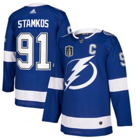 Wholesale Cheap Men\'s Tampa Bay Lightning #91 Steven Stamkos 2022 Blue Stanley Cup Final Patch Stitched Jersey