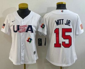 Wholesale Cheap Women\'s USA Baseball #15 Bobby Witt Jr 2023 White World Classic Replica Stitched Jersey