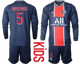 Wholesale Cheap Youth 2020-2021 club Paris St German home long sleeve 5 blue Soccer Jerseys