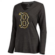 Wholesale Cheap Women's Boston Red Sox Gold Collection Long Sleeve V-Neck Tri-Blend T-Shirt Black