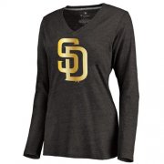 Wholesale Cheap Women's San Diego Padres Gold Collection Long Sleeve V-Neck Tri-Blend T-Shirt Black