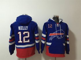 Wholesale Cheap Men\'s Buffalo Bills #12 Jim Kelly Royal Ageless Must-Have Lace-Up Pullover Hoodie